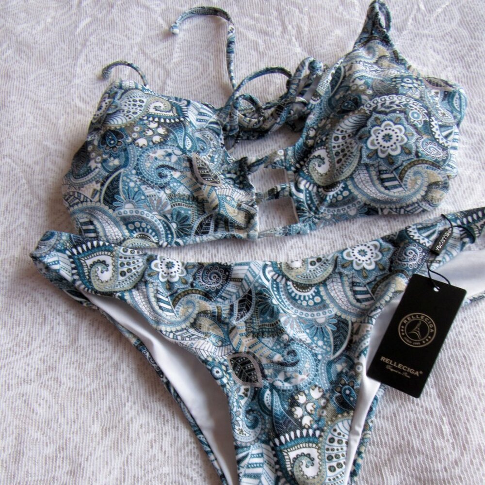 Relleciga String Bikini 2 pc Swimsuit Womens size Medium Floral,Turquoise - Picture 2 of 6